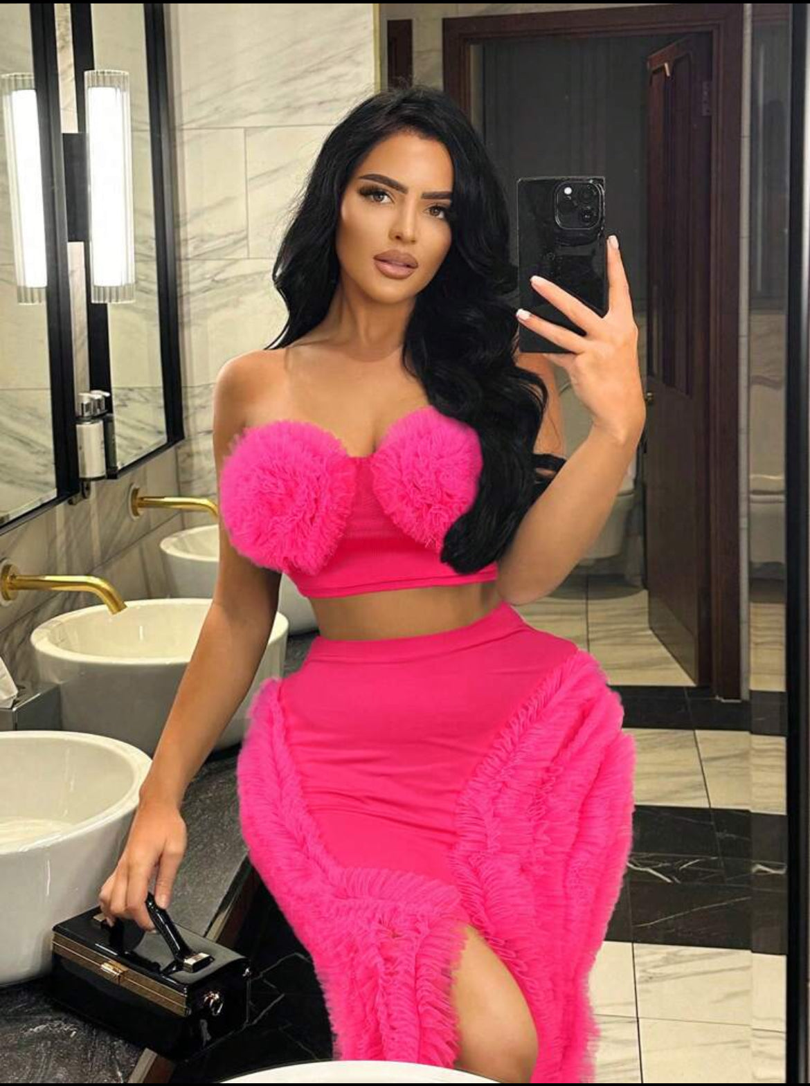 SXY Party Mesh Cropped Tube Top And Slit Mini Skirt 2pcs Set