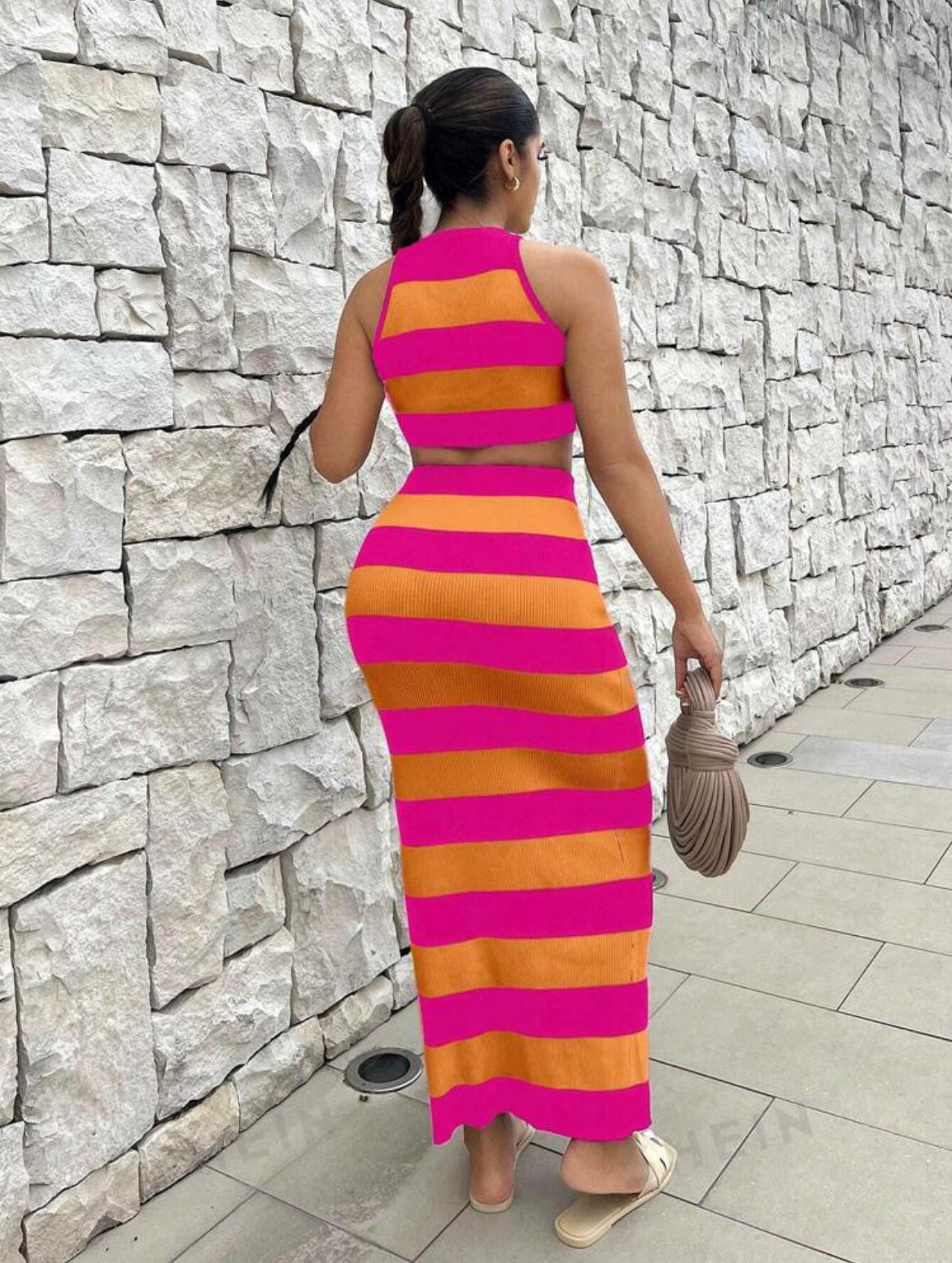 SXY Striped Pattern Crop Halter Knit Top & Knit Skirt