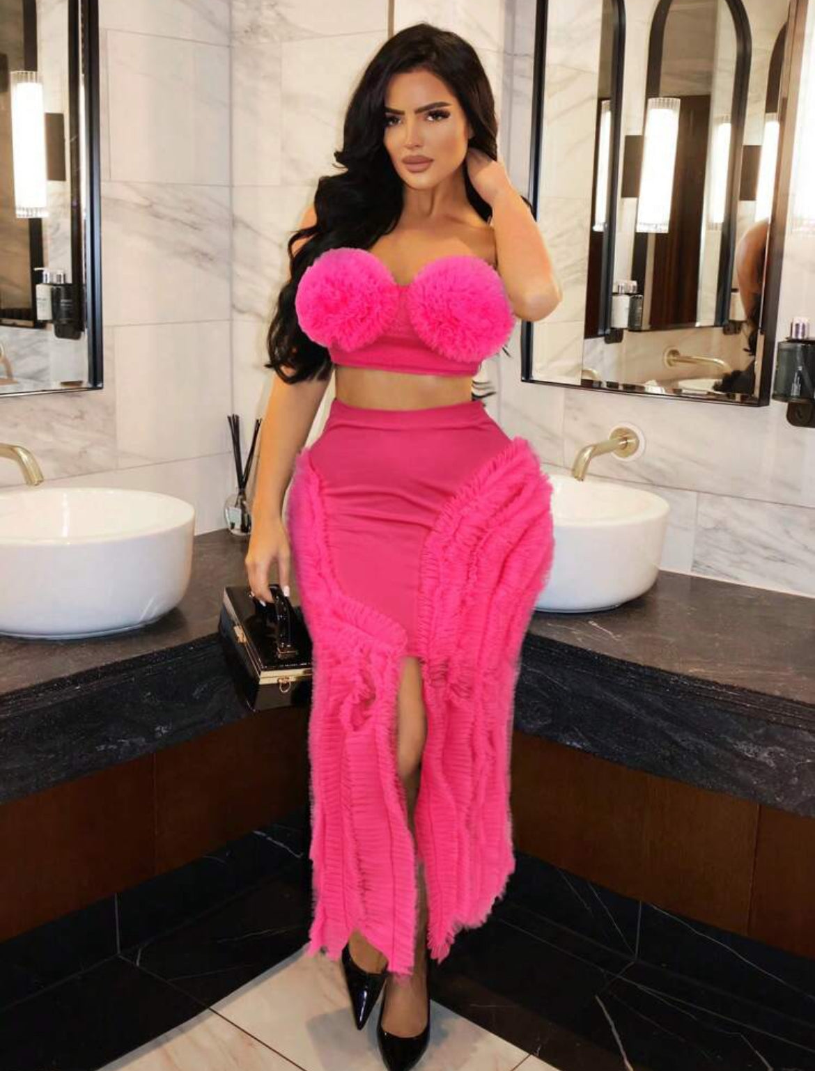 SXY Party Mesh Cropped Tube Top And Slit Mini Skirt 2pcs Set
