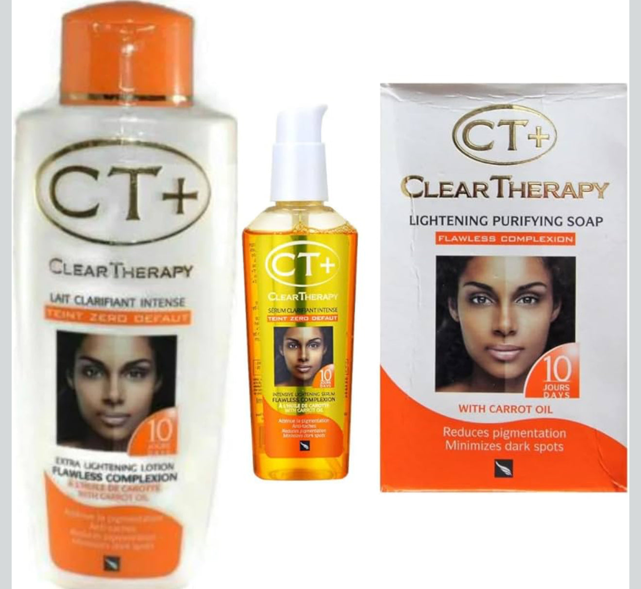 CT+ Clear Therapy 3 Pack Extra Lightening Lotion, Soap & Serum | Skin Care Set | With Carrot Oil
